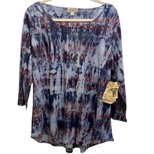 One World Women's 1X Tie-Dye Tunic Blouse 3/4 Sleeve Scoop Neck